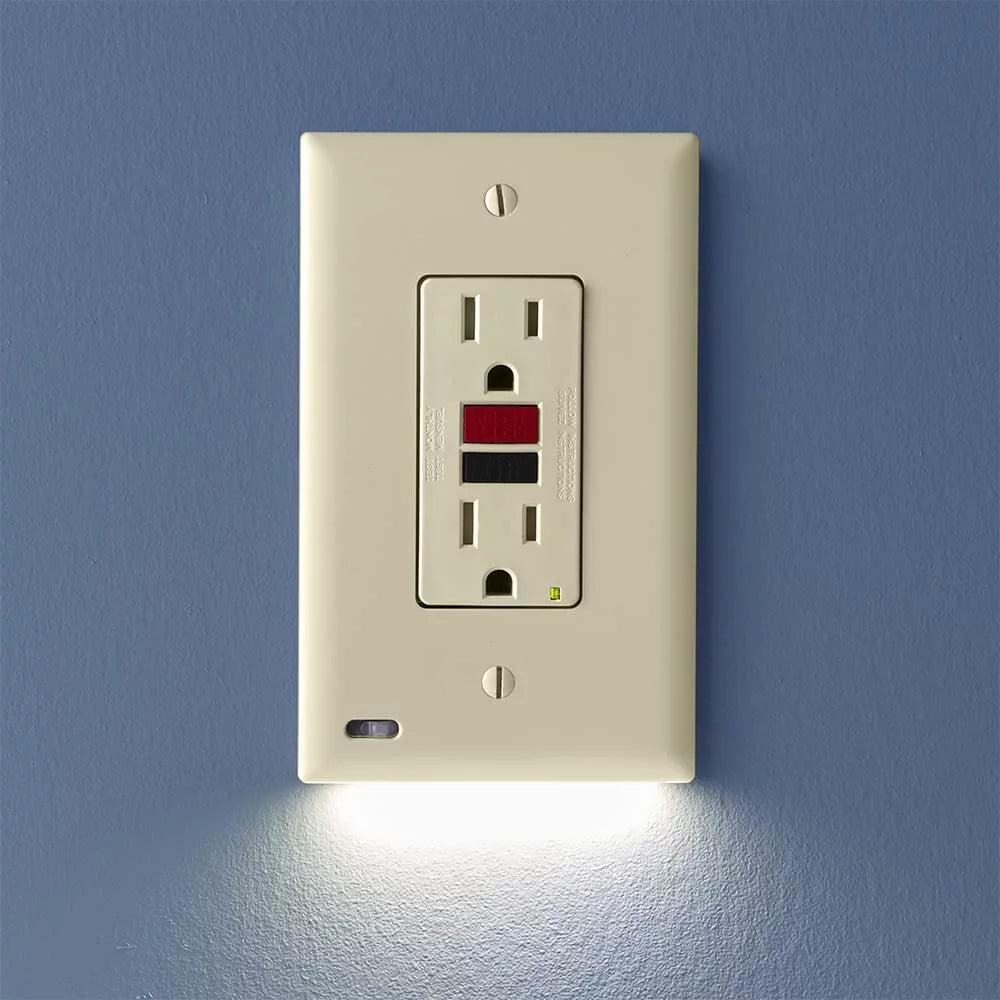 Light Almond GFCI Outlet Wall Plate with LED Night Light U4447