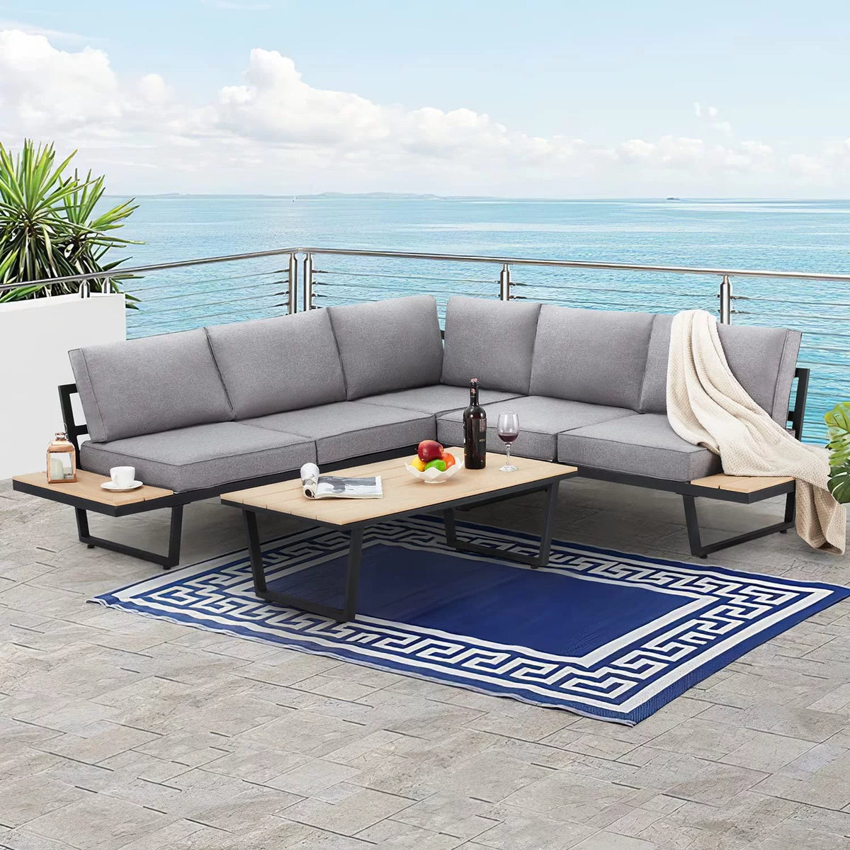 4 Pieces L-Shaped Metal Sectional Sofa Set with Coffee Table A914