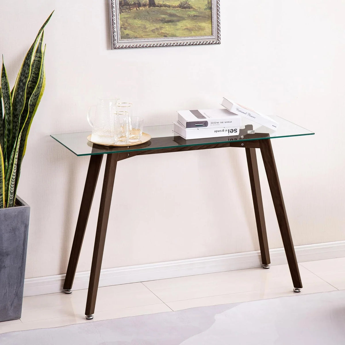 Glass Console Table with Solid Wood Legs W71982