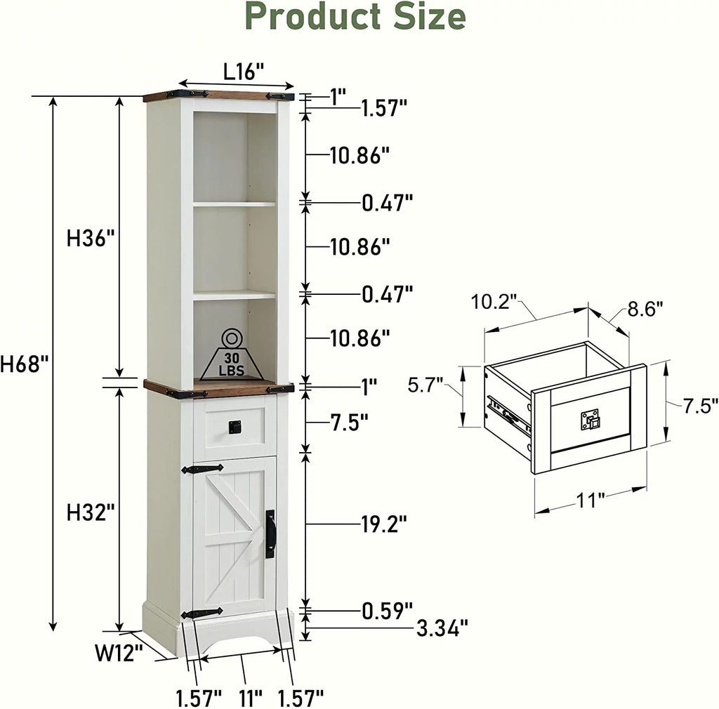 White 68" Farmhouse Bathroom Storage Cabinet with Drawer I65854