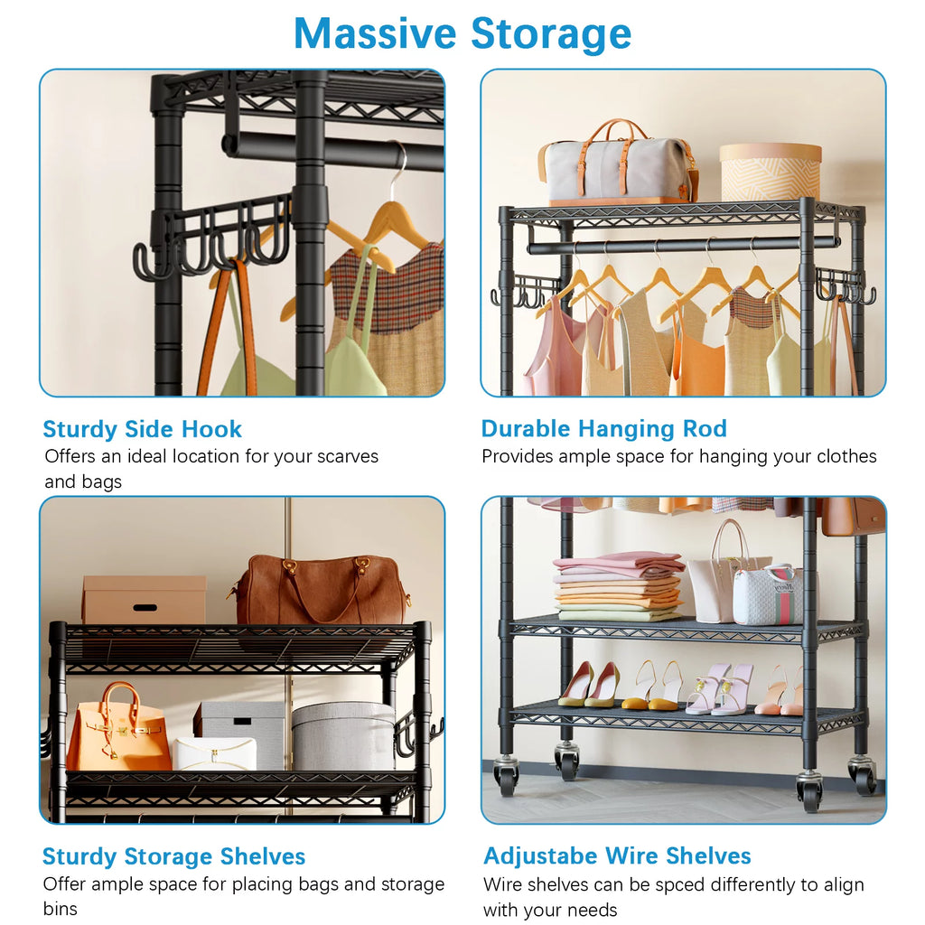 Rolling Clothes Rack Portable Garment Rack Black C161