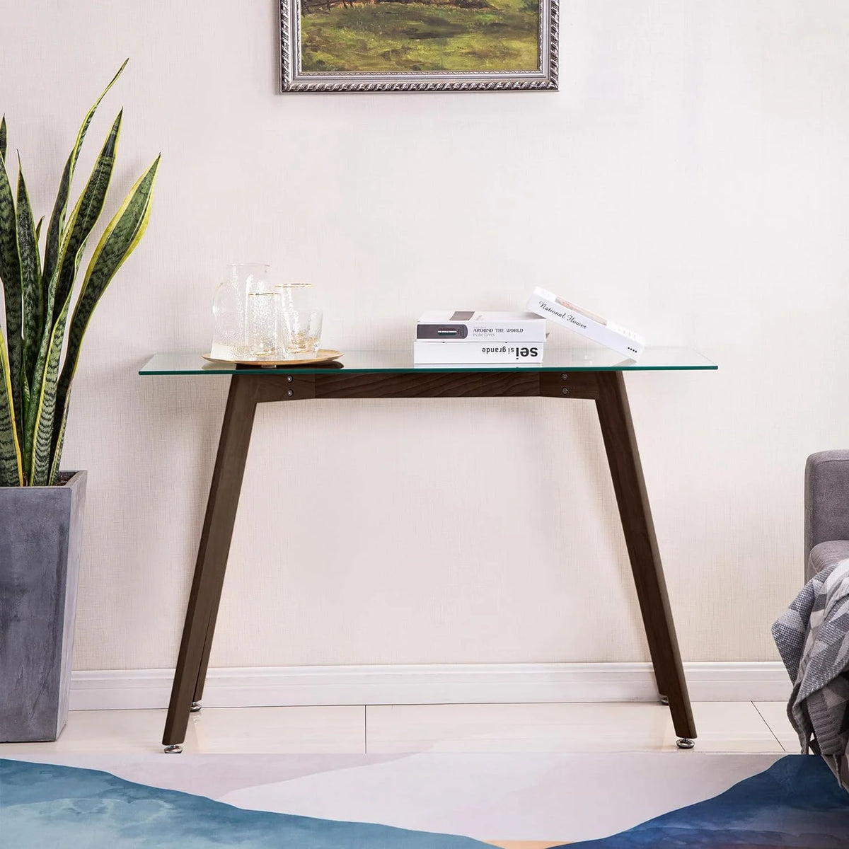 Glass Console Table with Solid Wood Legs W71982