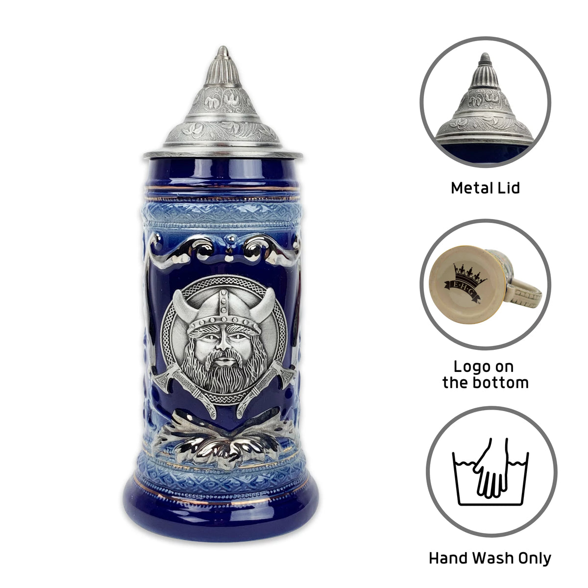 Blue Metal Medallion .75L Beer Stein with Metal Lid H269