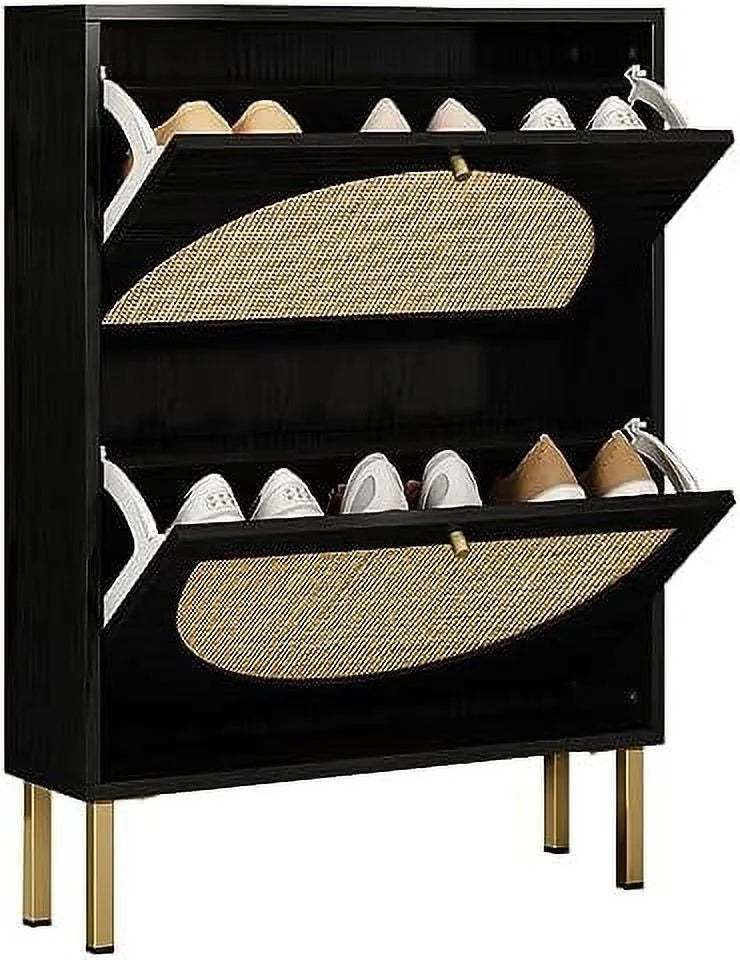 Black Set of 2 Rattan Shoe Cabinet with 2 Flip Drawers I30345