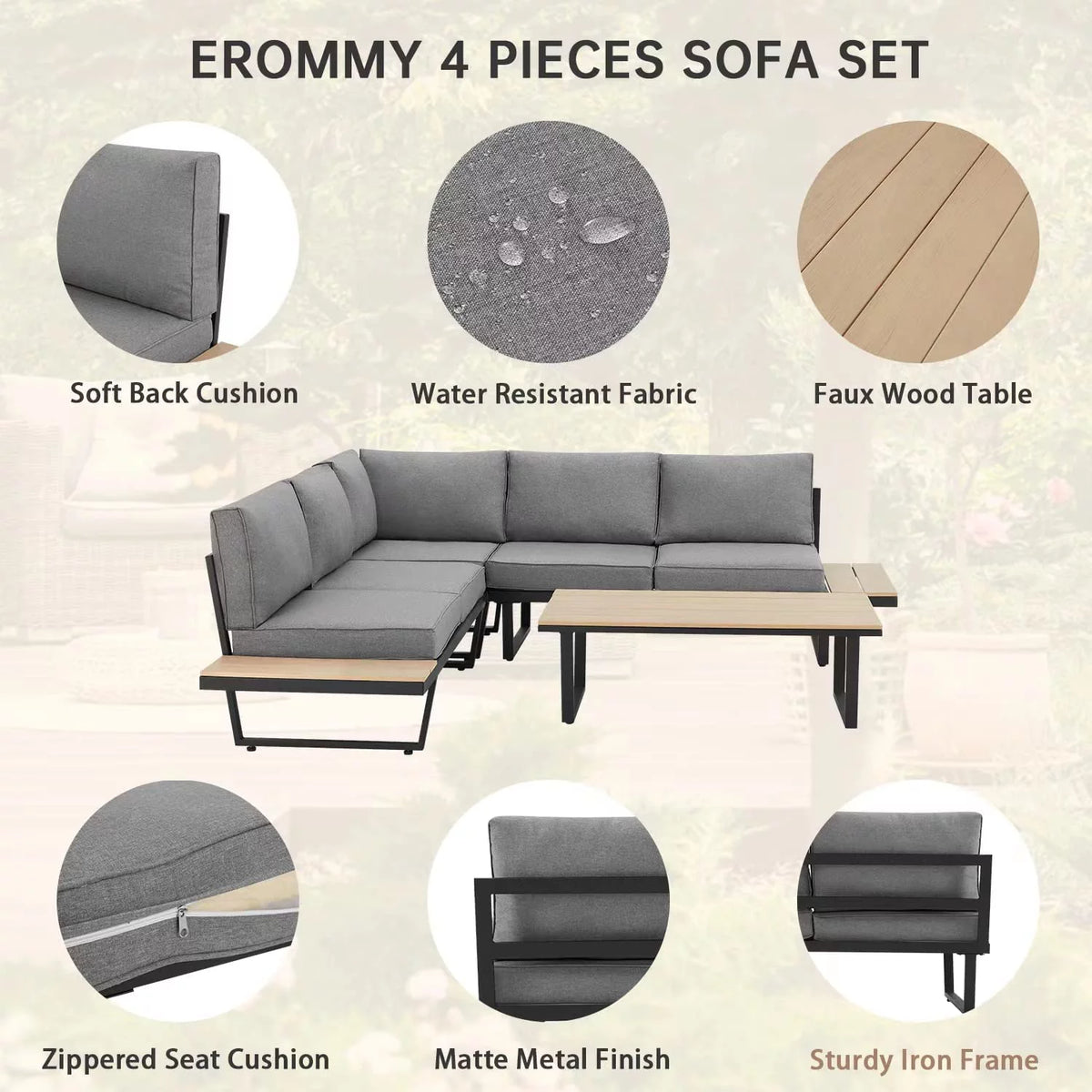 4 Pieces L-Shaped Metal Sectional Sofa Set with Coffee Table A914
