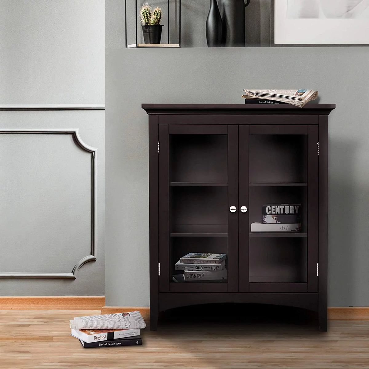 Wooden Floor Cabinet with 2 Glass Doors S751216