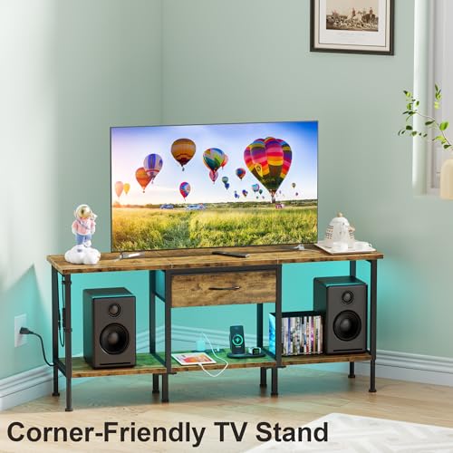 47" Rustic Brown LED TV Stand with Power Outlet and Fabric Drawer A2566