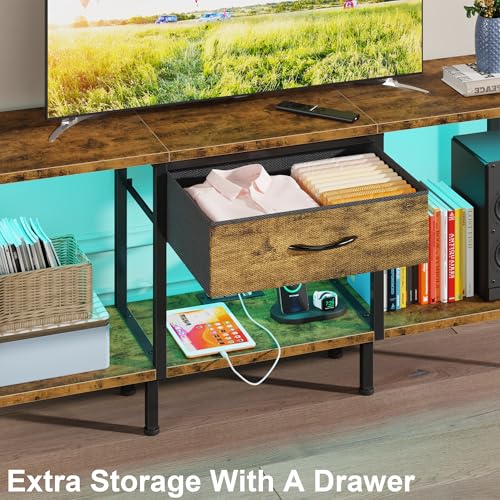47" Rustic Brown LED TV Stand with Power Outlet and Fabric Drawer A2566