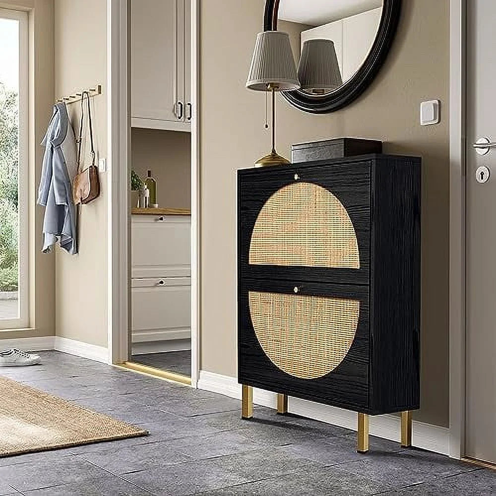 Black Set of 2 Rattan Shoe Cabinet with 2 Flip Drawers I30345