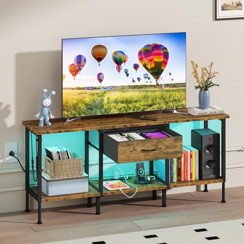 47" Rustic Brown LED TV Stand with Power Outlet and Fabric Drawer A2566