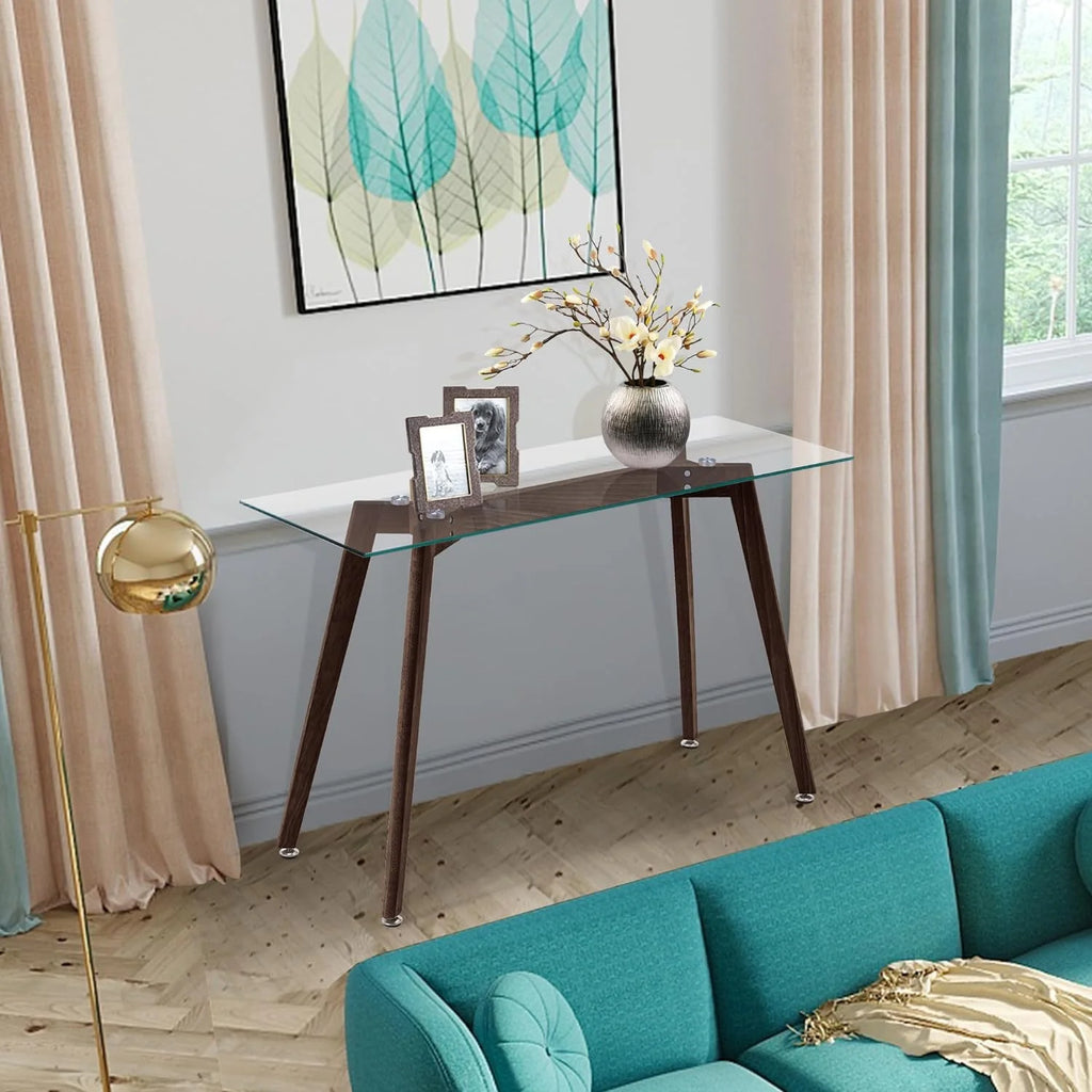 Glass Console Table with Solid Wood Legs W71982