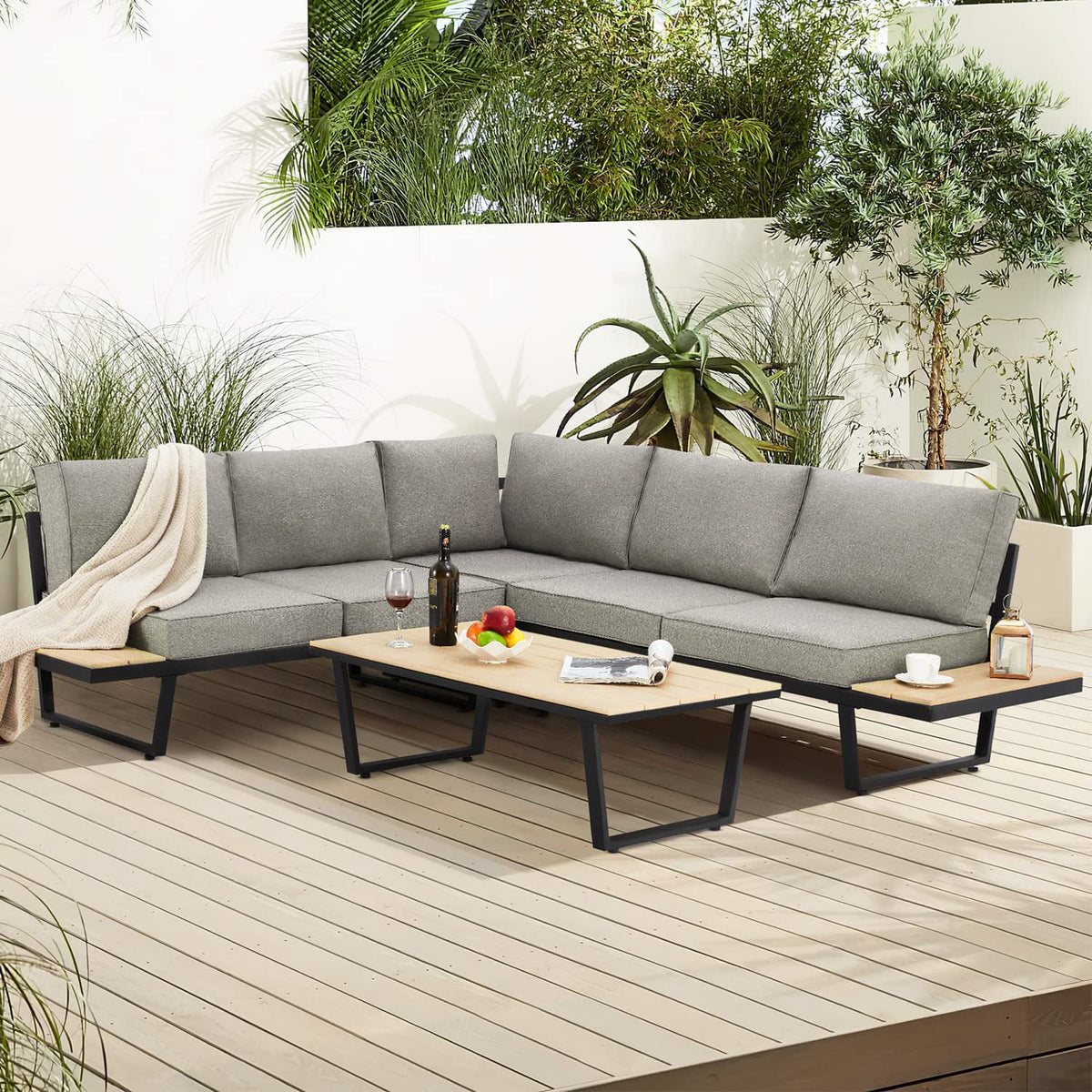 4 Pieces L-Shaped Metal Sectional Sofa Set with Coffee Table A914