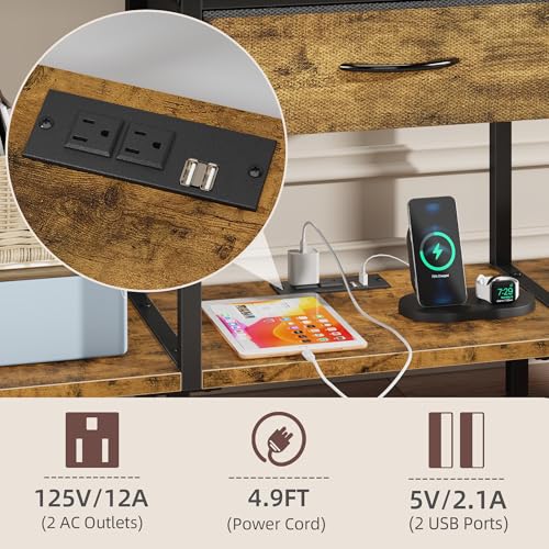 47" Rustic Brown LED TV Stand with Power Outlet and Fabric Drawer A2566