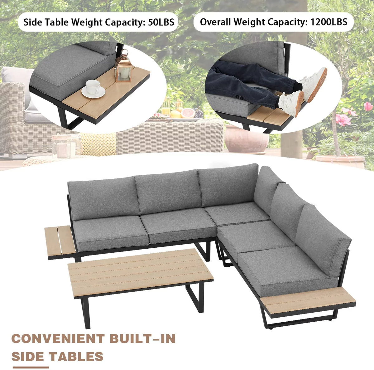 4 Pieces L-Shaped Metal Sectional Sofa Set with Coffee Table A914