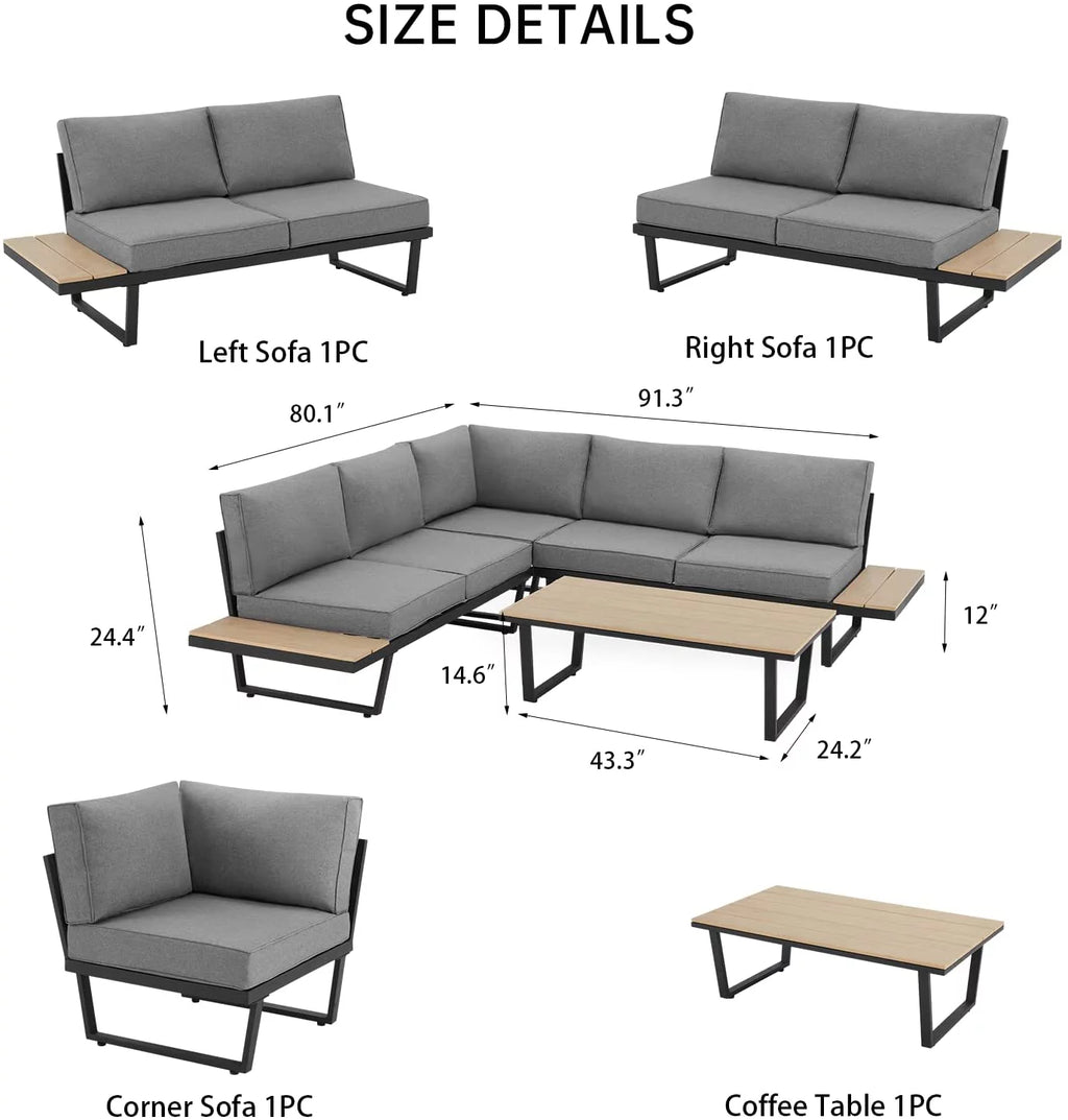 4 Pieces L-Shaped Metal Sectional Sofa Set with Coffee Table A914