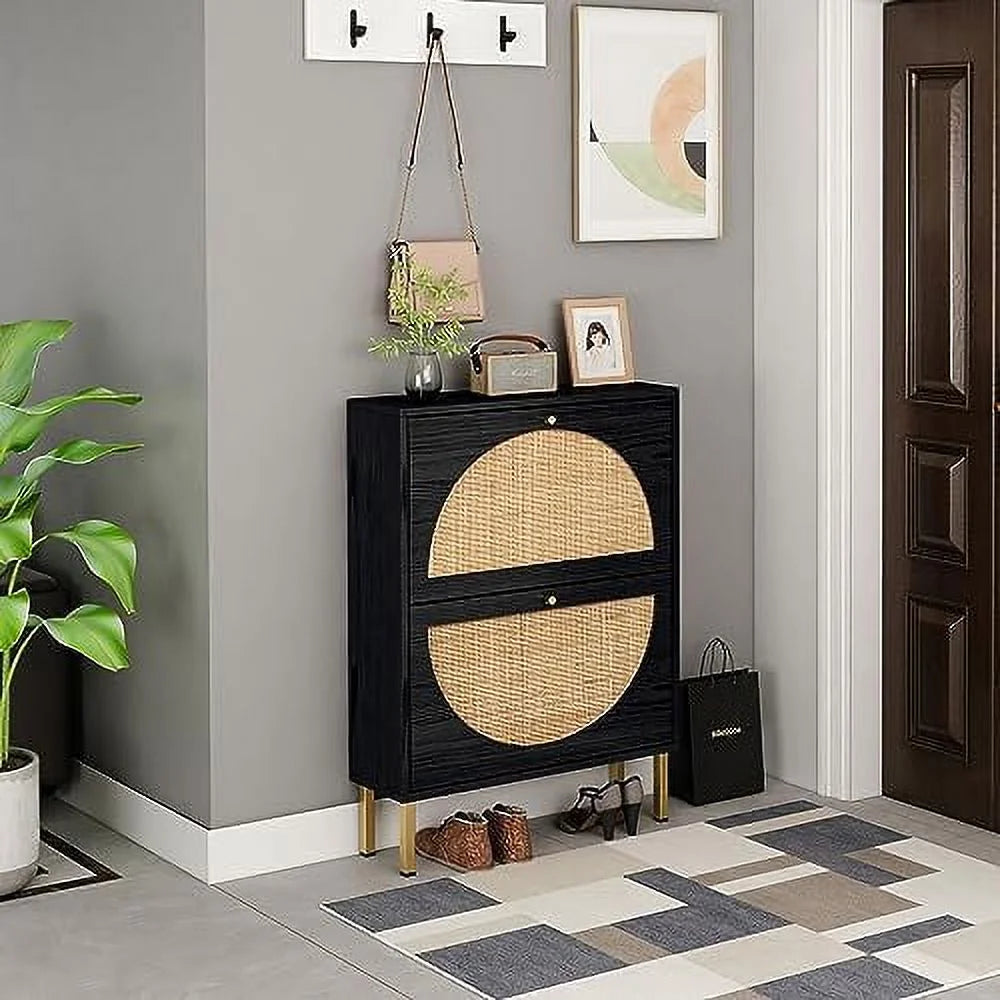 Black Set of 2 Rattan Shoe Cabinet with 2 Flip Drawers I30345