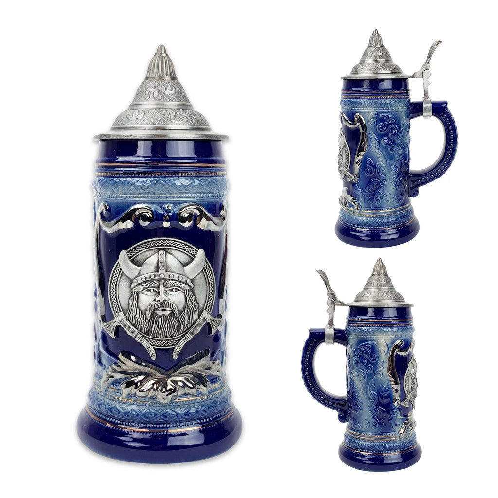 Blue Metal Medallion .75L Beer Stein with Metal Lid H269