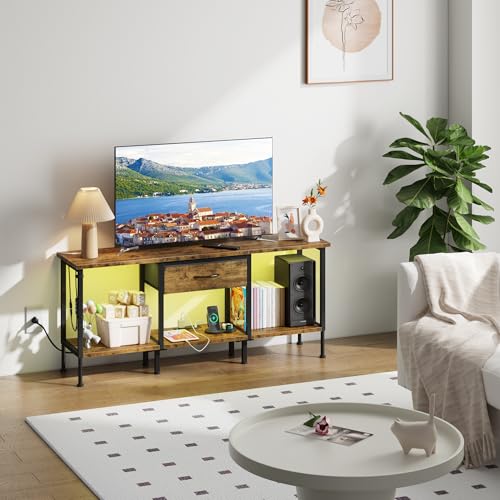47" Rustic Brown LED TV Stand with Power Outlet and Fabric Drawer A2566