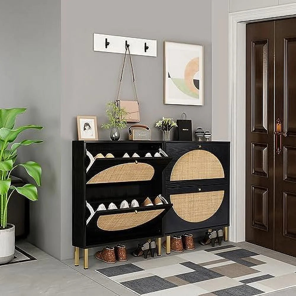Black Set of 2 Rattan Shoe Cabinet with 2 Flip Drawers I30345